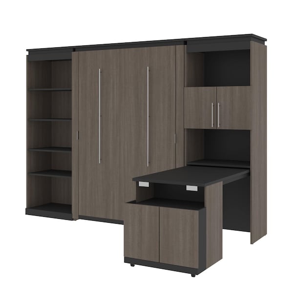 Orion 118W Full Murphy Bed with Shelving and Fold-Out Desk (119W), Bark Gray & Graphite